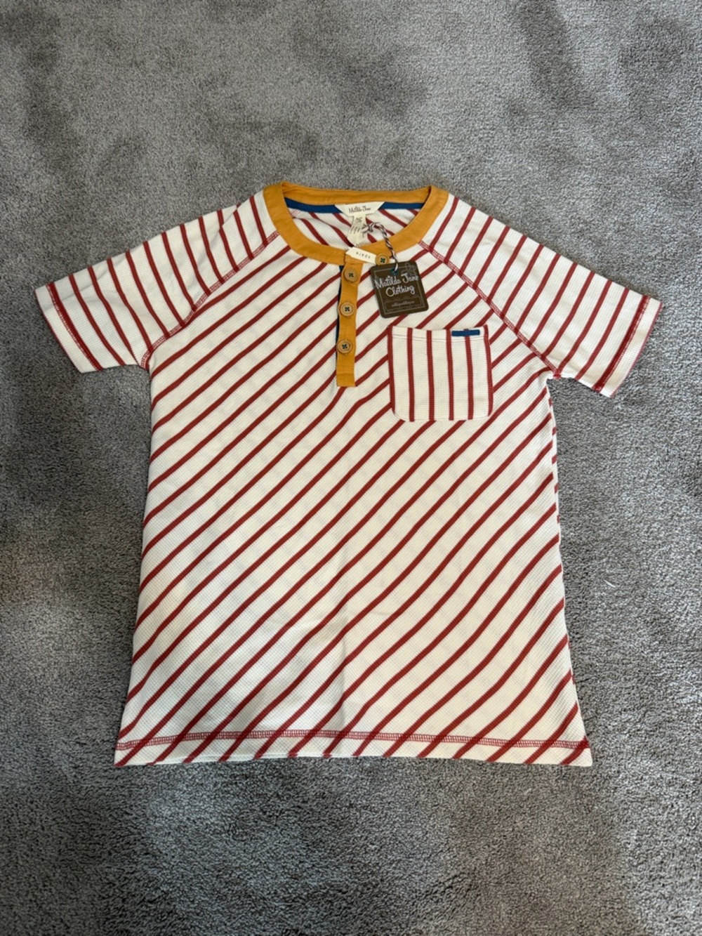 Matilda Jane Cream Tee with Red Stripes and Mustard Trim
